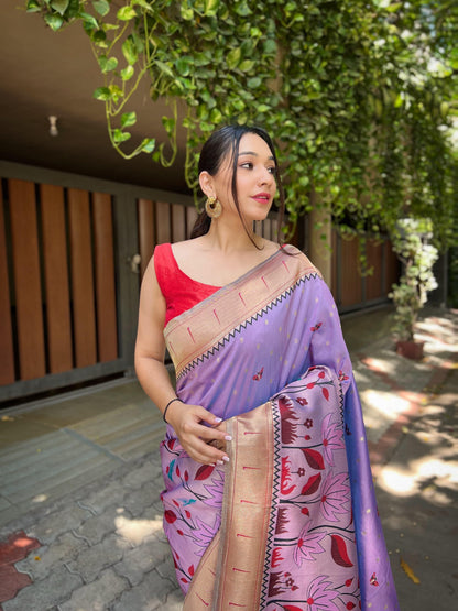 Beautiful Designer Blissful Lavender Zari Woven Banarasi Silk Wedding Saree With Blouse