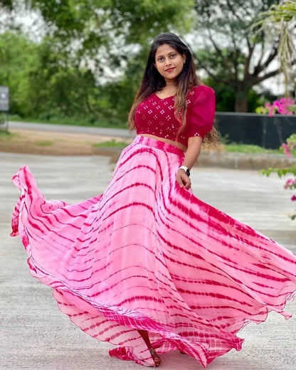 Beautiful Designer Georgette Pink Shibori Printed Lehenga And Top Set