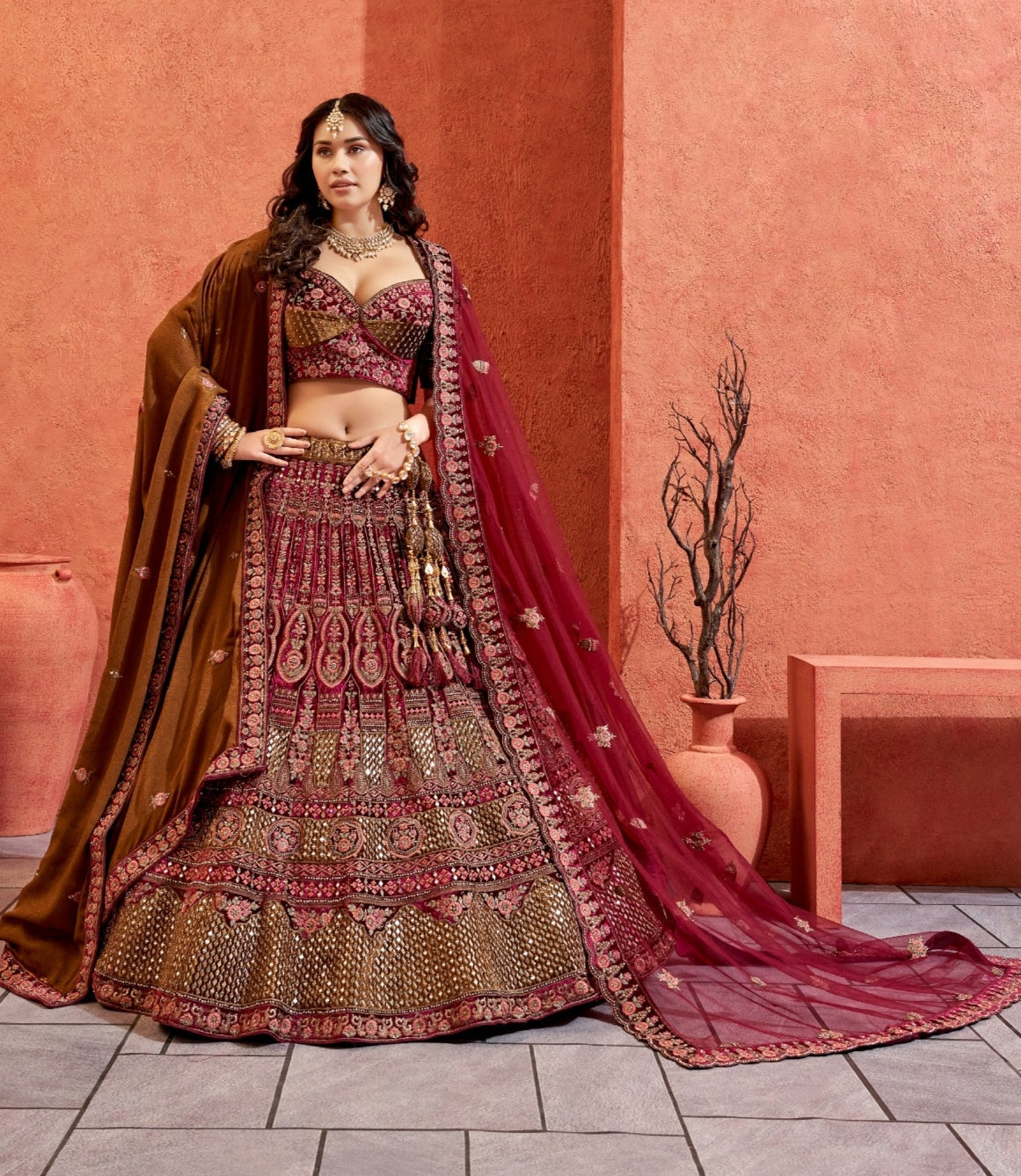 Beautiful Designer Bridal Wine Velvet Hand Work Lehenga Choli