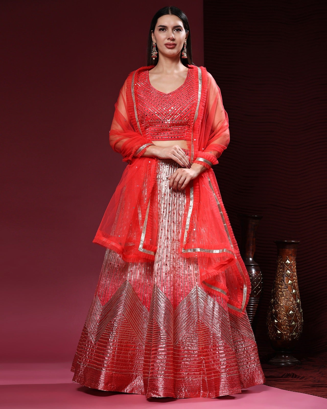 Beautiful Designer Mirror Red Coding Organza Lehenga Choli