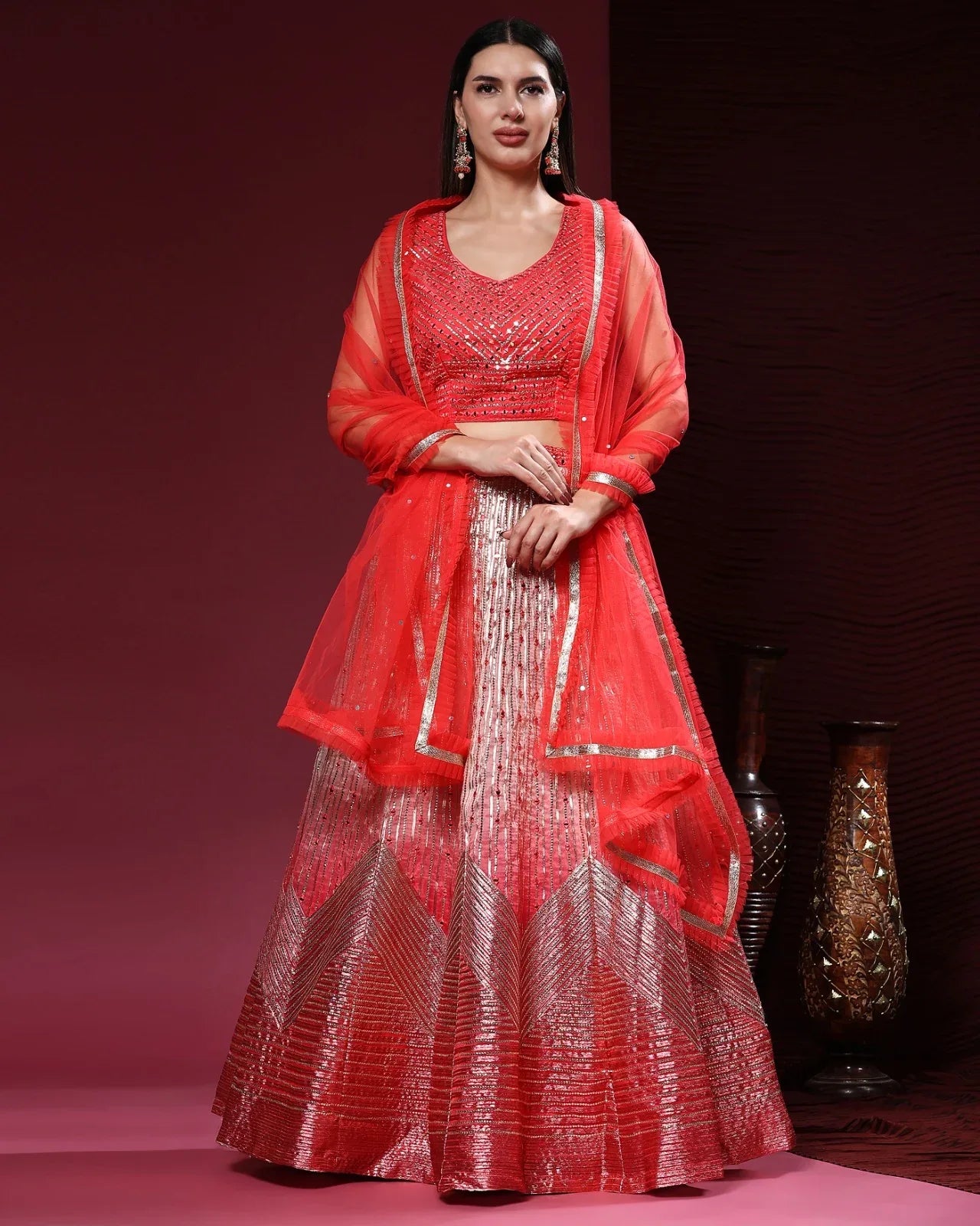 Beautiful Designer Mirror Red Coding Organza Lehenga Choli
