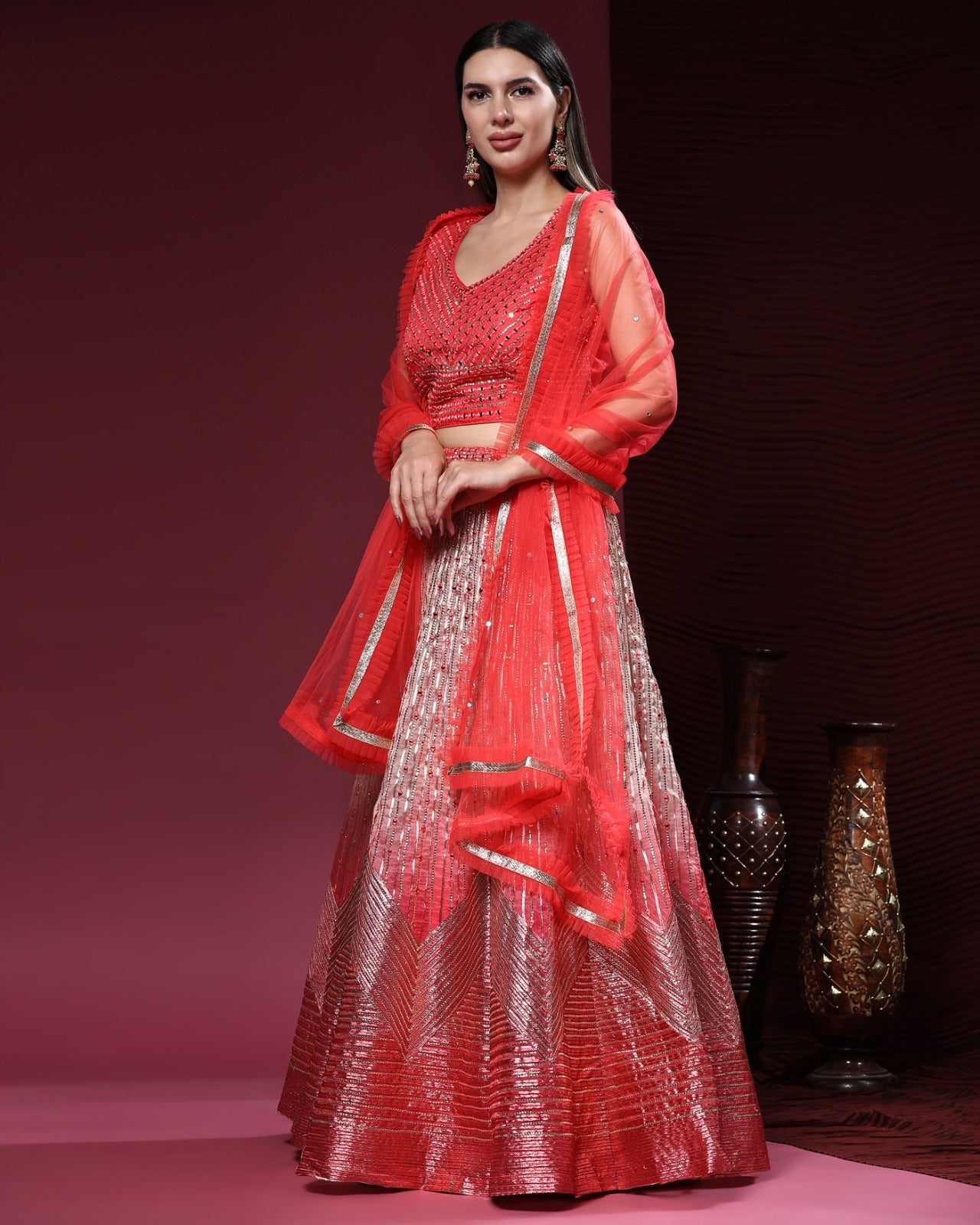 Beautiful Designer Mirror Red Coding Organza Lehenga Choli
