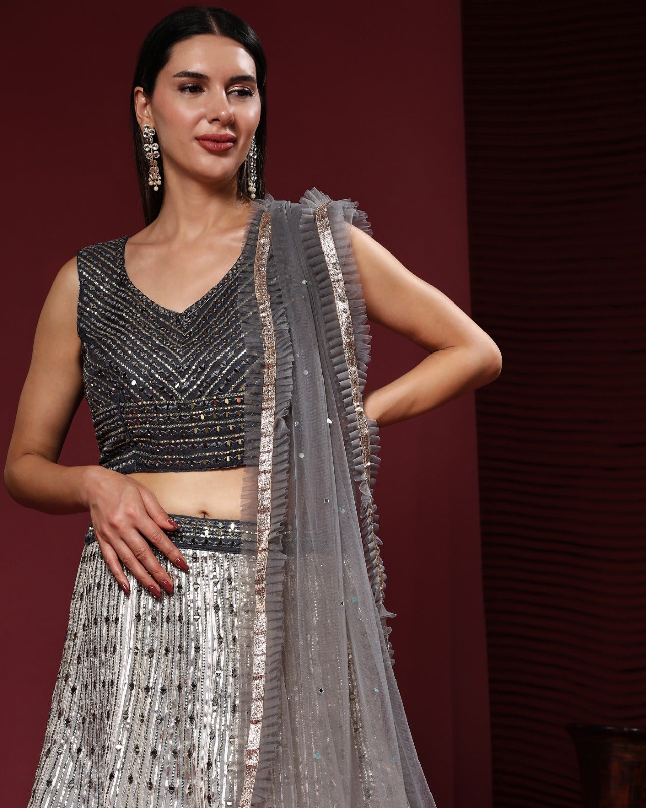 Beautiful Designer Steel Grey Mirror Trendy Lehenga Choli