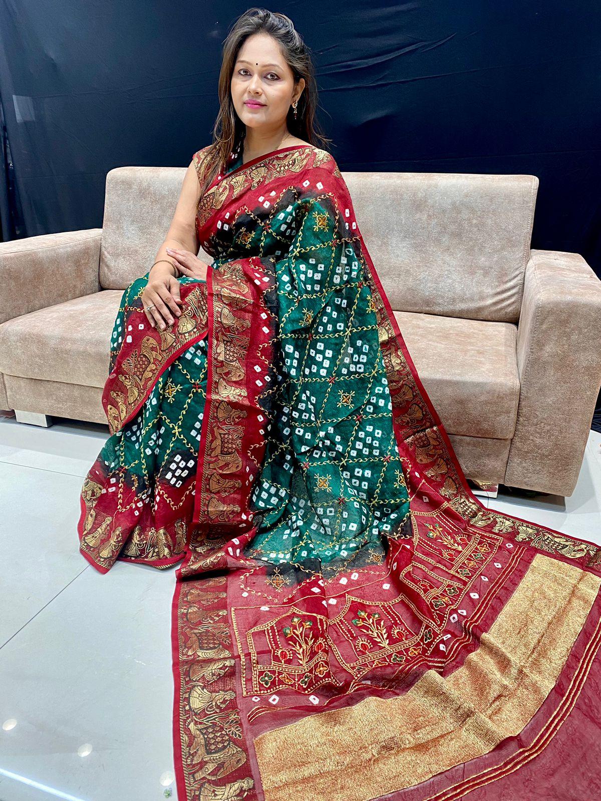 Beautiful Designer Pure Bandhej Soft Silk Lagdi Patta Saree