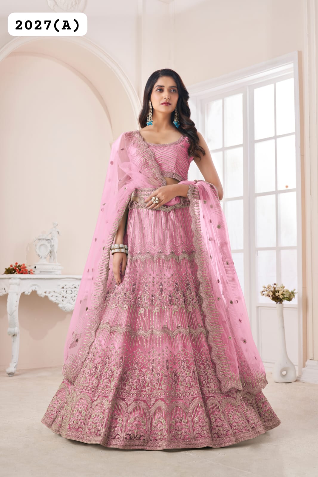 Beautiful Designer Pink Pearl Work Net Bridesmaid Lehenga Choli