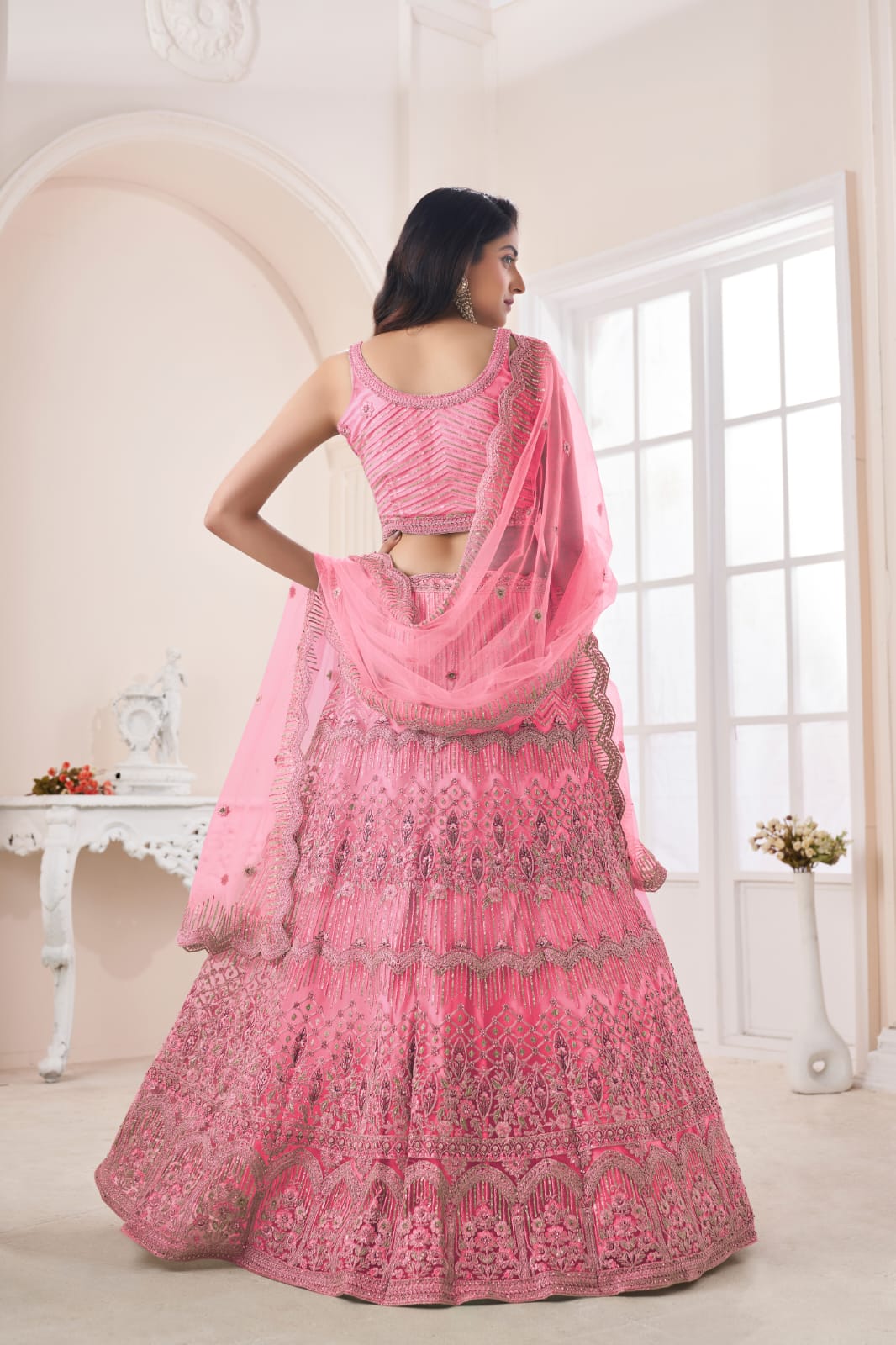 Beautiful Designer Remarkable Coral Pink Sequins Work Net Wedding Lehenga Choli
