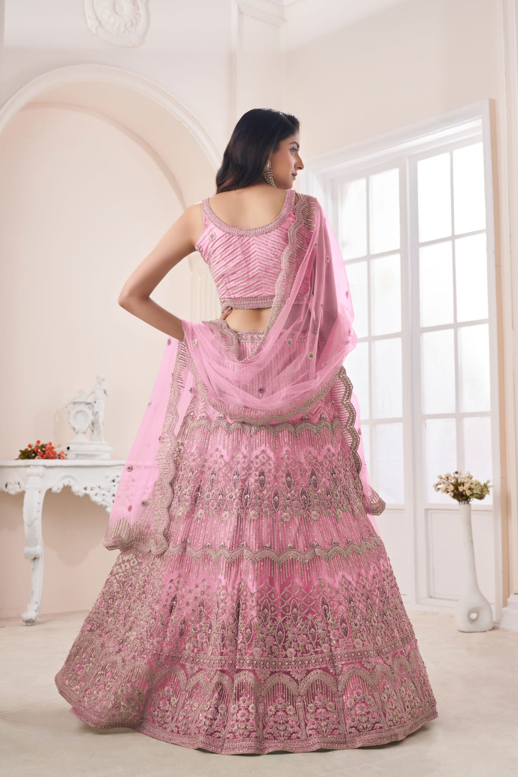 Beautiful Designer Pink Pearl Work Net Bridesmaid Lehenga Choli