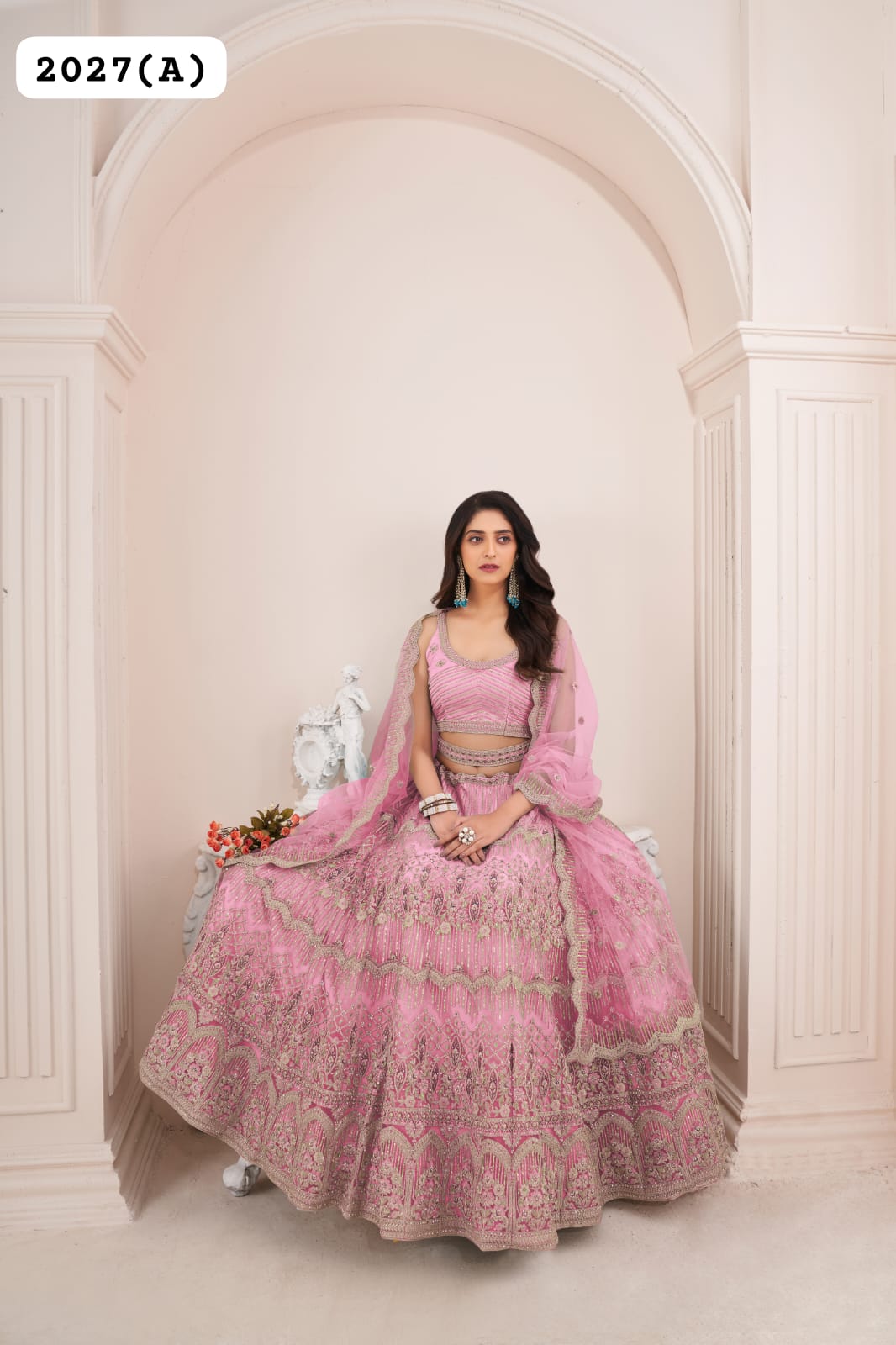 Beautiful Designer Pink Pearl Work Net Bridesmaid Lehenga Choli