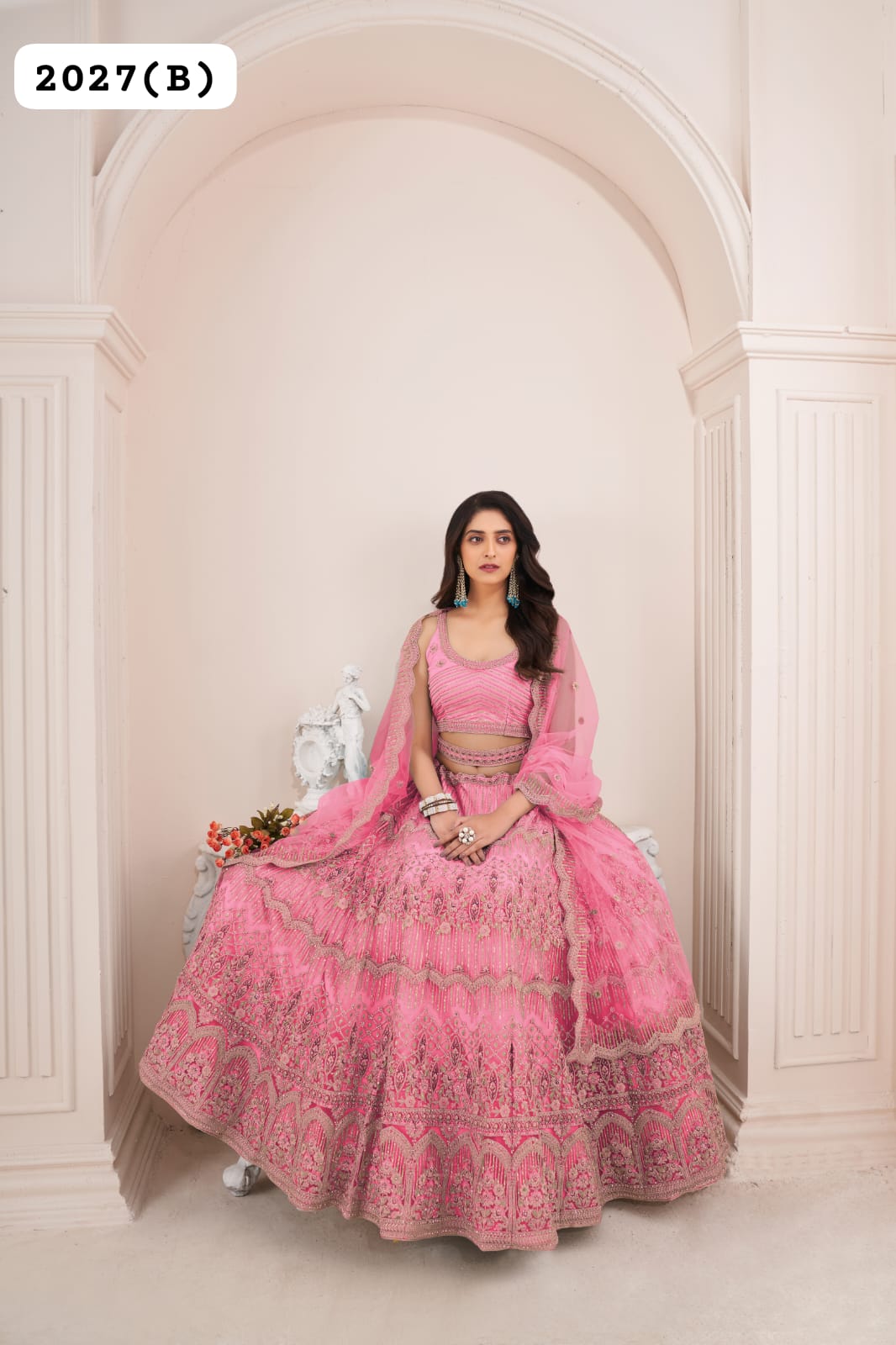 Beautiful Designer Remarkable Coral Pink Sequins Work Net Wedding Lehenga Choli