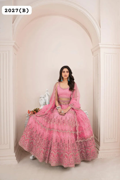 Beautiful Designer Remarkable Coral Pink Sequins Work Net Wedding Lehenga Choli