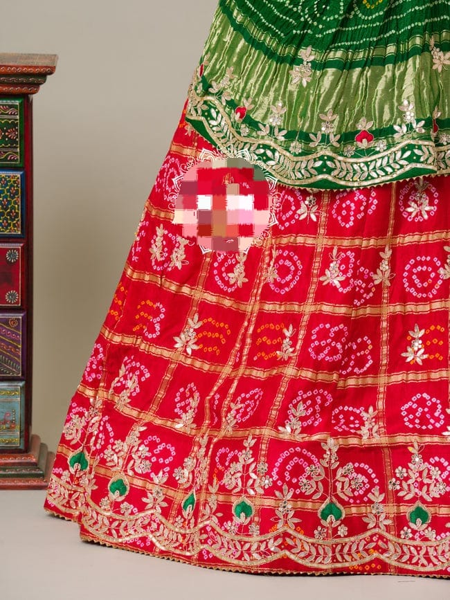 Beautiful Rajasthani Pure Gaji Silk Bandhani Ghatchola Gotapatti Lehenga Chunni
