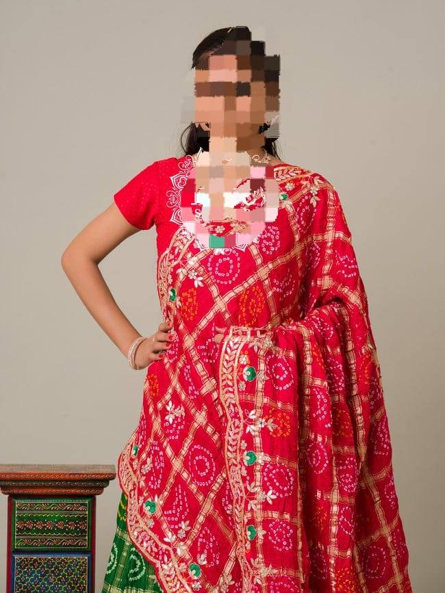 Beautiful Rajasthani Pure Gaji Silk Bandhani Ghatchola Gotapatti Lehenga Chunni