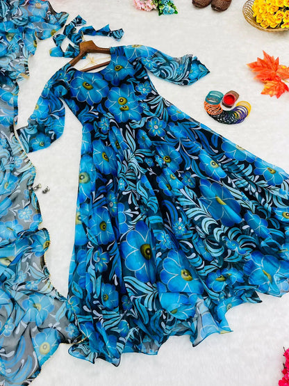 Beautiful Designer Party Wear Look Organza Taby Silk Gown