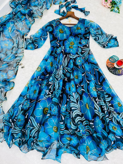 Beautiful Designer Party Wear Look Organza Taby Silk Gown
