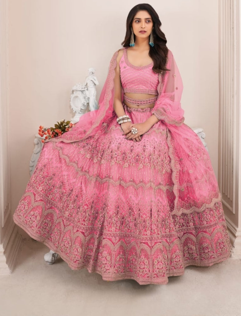 Beautiful Designer Remarkable Coral Pink Sequins Work Net Wedding Lehenga Choli