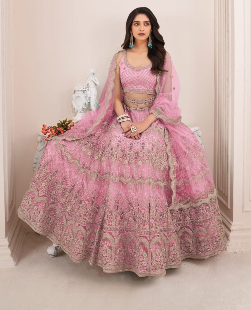 Beautiful Designer Pink Pearl Work Net Bridesmaid Lehenga Choli