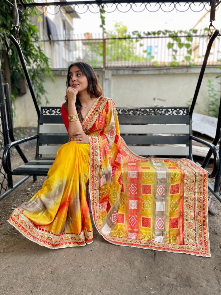 Beautiful Designer Bandhani Brige Moss Chiffon Saree