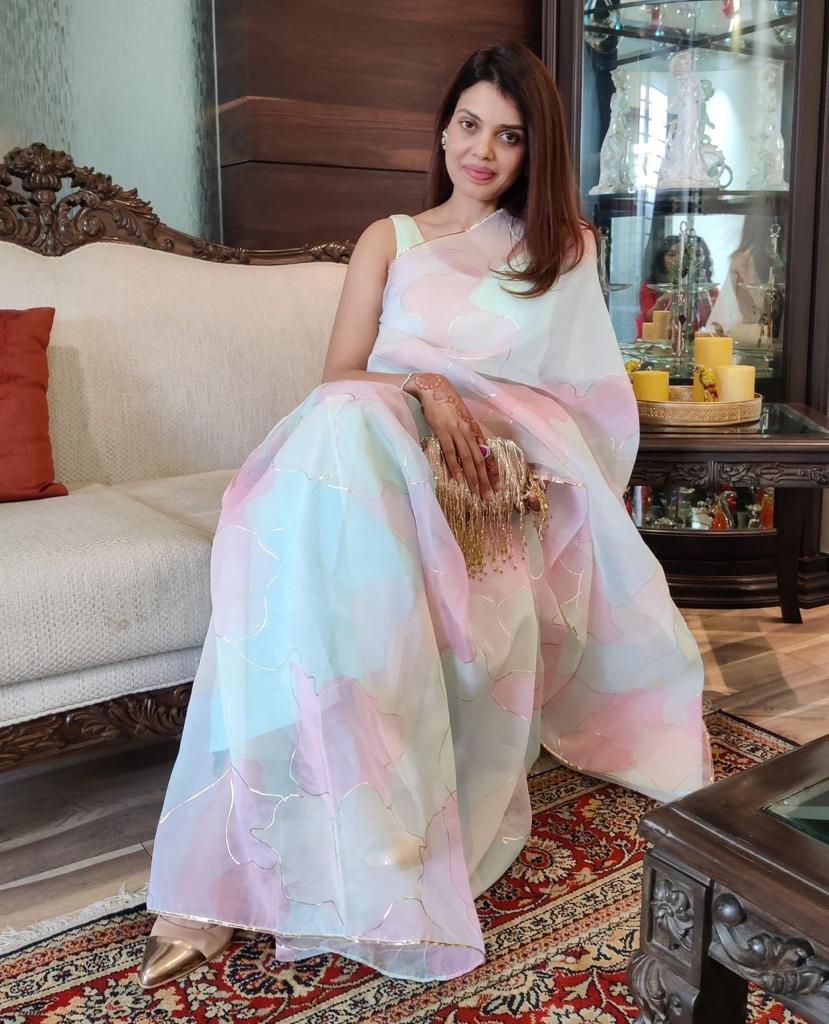 Beautiful Designer Pastel Multicolor Hand Printed Organza Saree