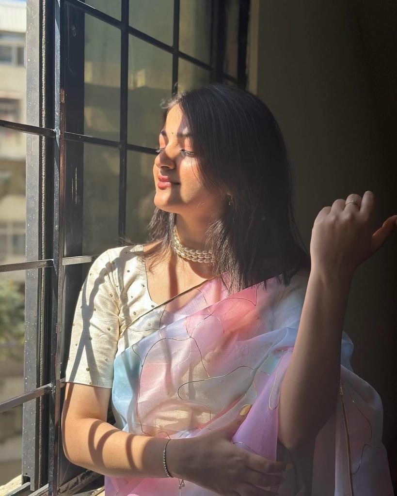 Beautiful Designer Pastel Multicolor Hand Printed Organza Saree