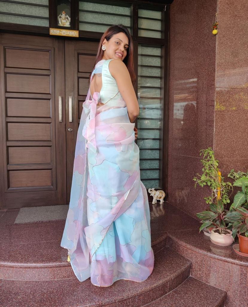 Beautiful Designer Pastel Multicolor Hand Printed Organza Saree