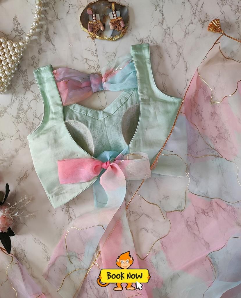 Beautiful Designer Pastel Multicolor Hand Printed Organza Saree