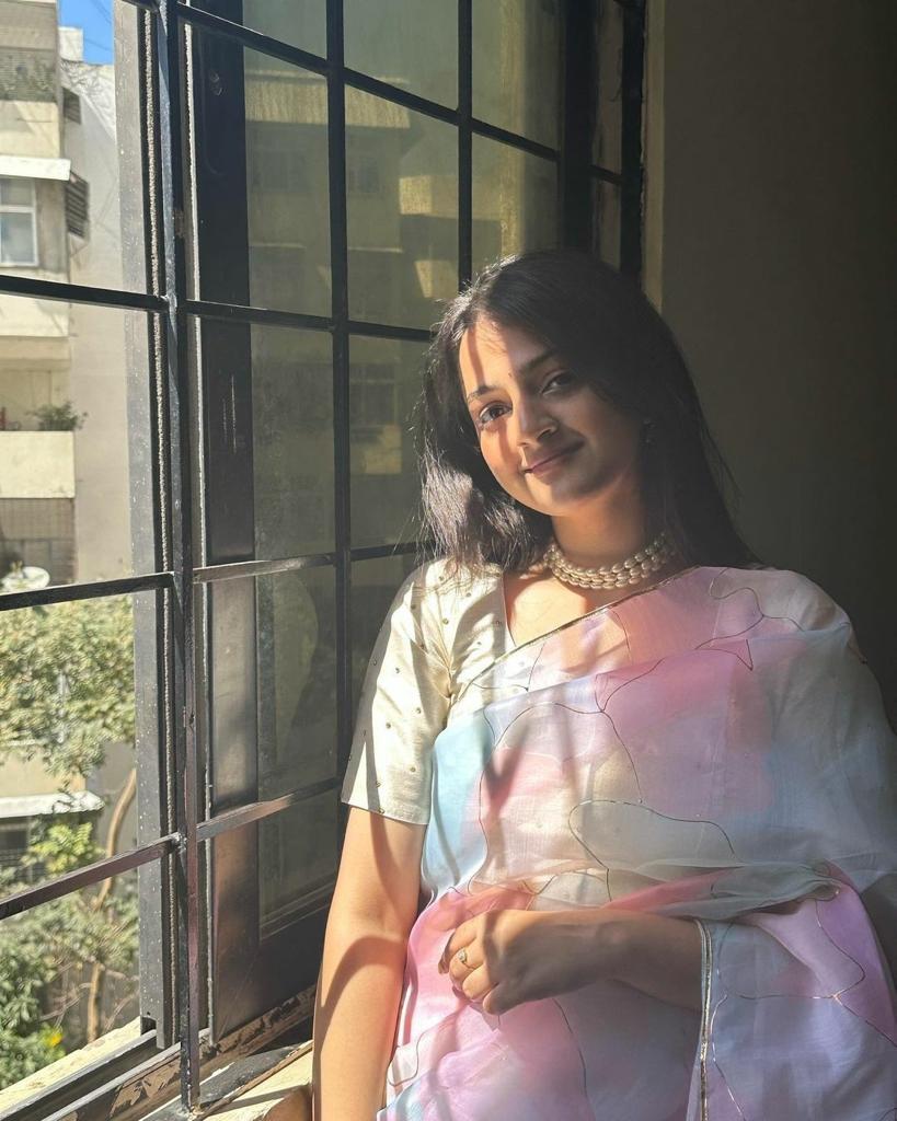 Beautiful Designer Pastel Multicolor Hand Printed Organza Saree