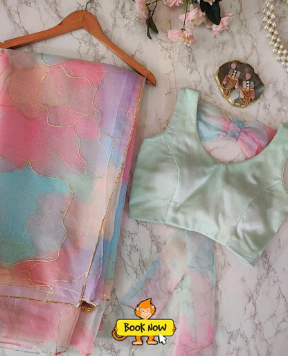 Beautiful Designer Pastel Multicolor Hand Printed Organza Saree