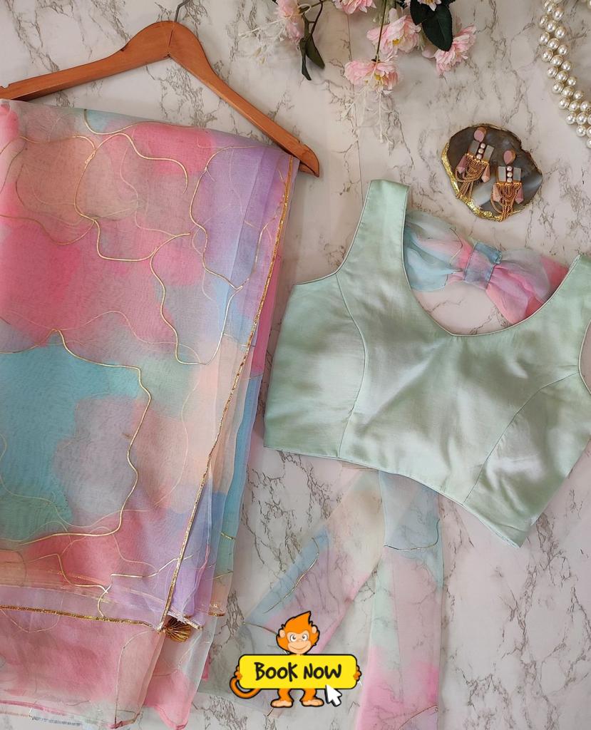 Beautiful Designer Pastel Multicolor Hand Printed Organza Saree