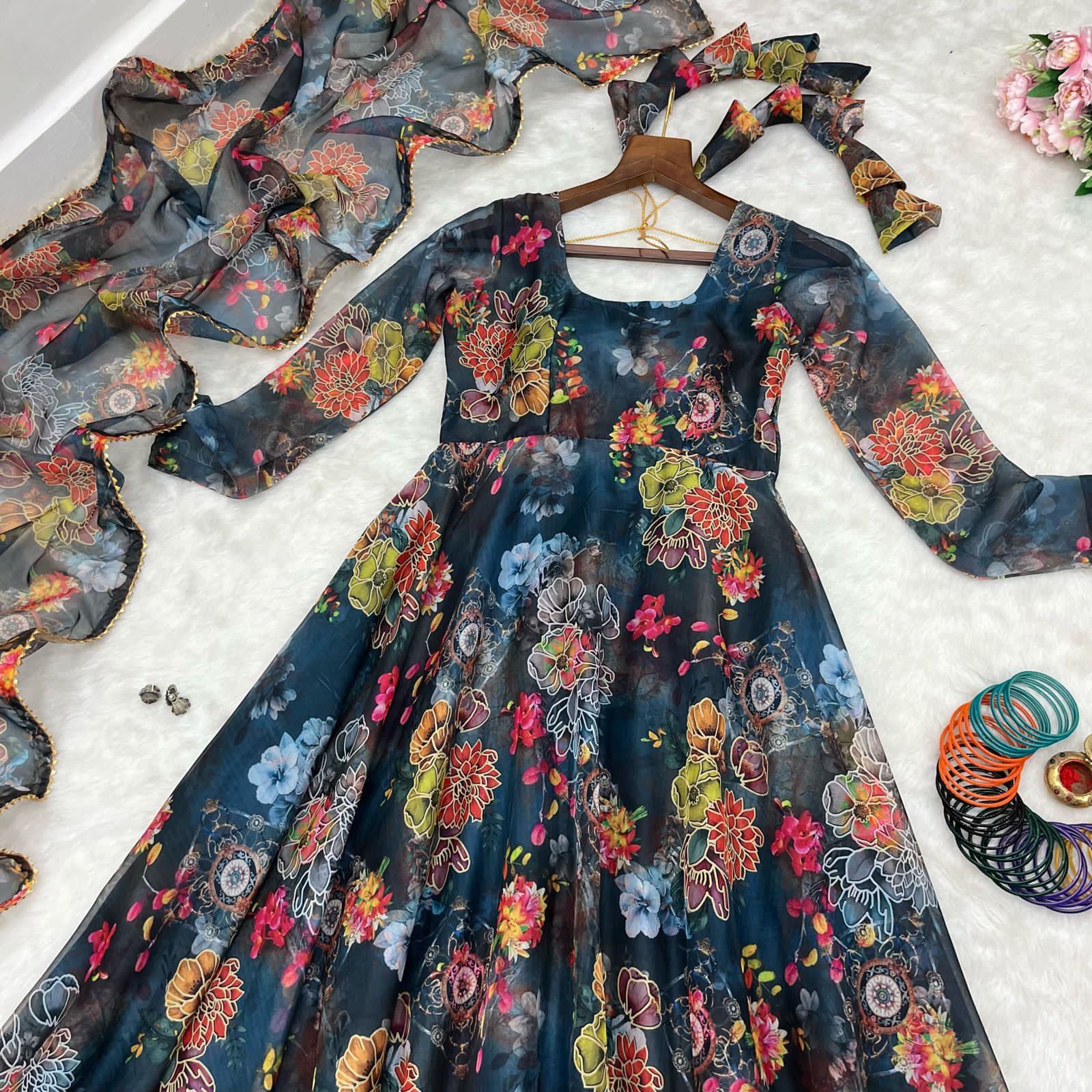 Beautiful Designer Party Wear Look Organza Taby Silk Gown