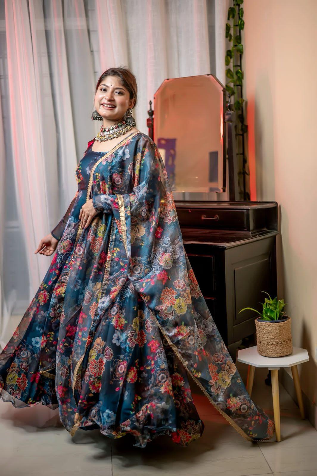 Beautiful Designer Party Wear Look Organza Taby Silk Gown