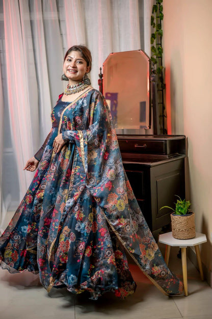 Beautiful Designer Party Wear Look Organza Taby Silk Gown