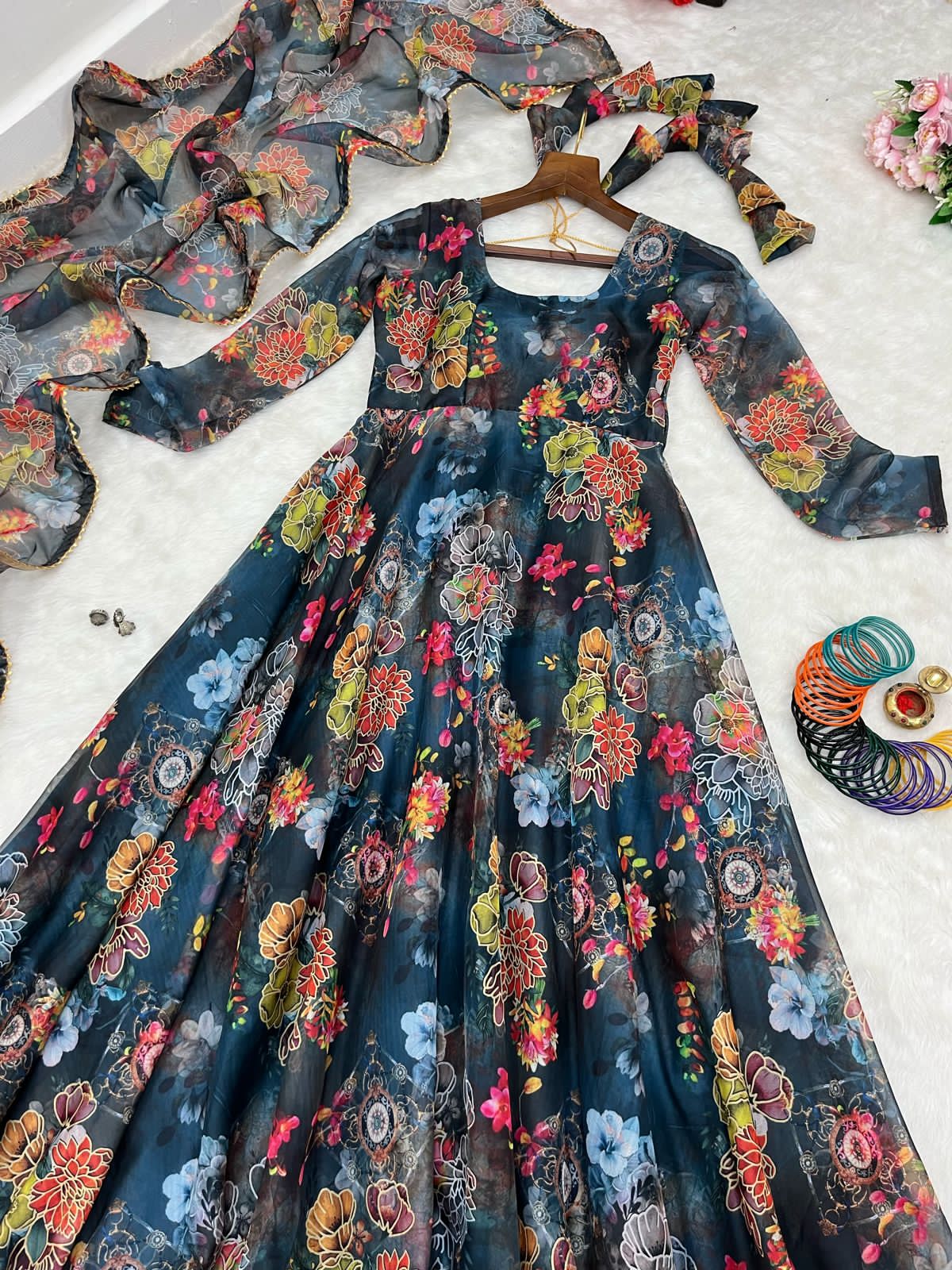 Beautiful Designer Party Wear Look Organza Taby Silk Gown