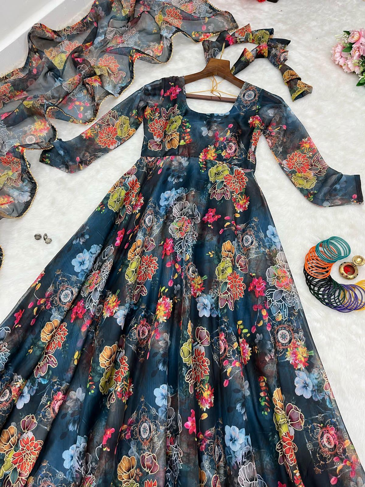 Beautiful Designer Party Wear Look Organza Taby Silk Gown