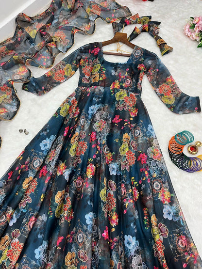 Beautiful Designer Party Wear Look Organza Taby Silk Gown