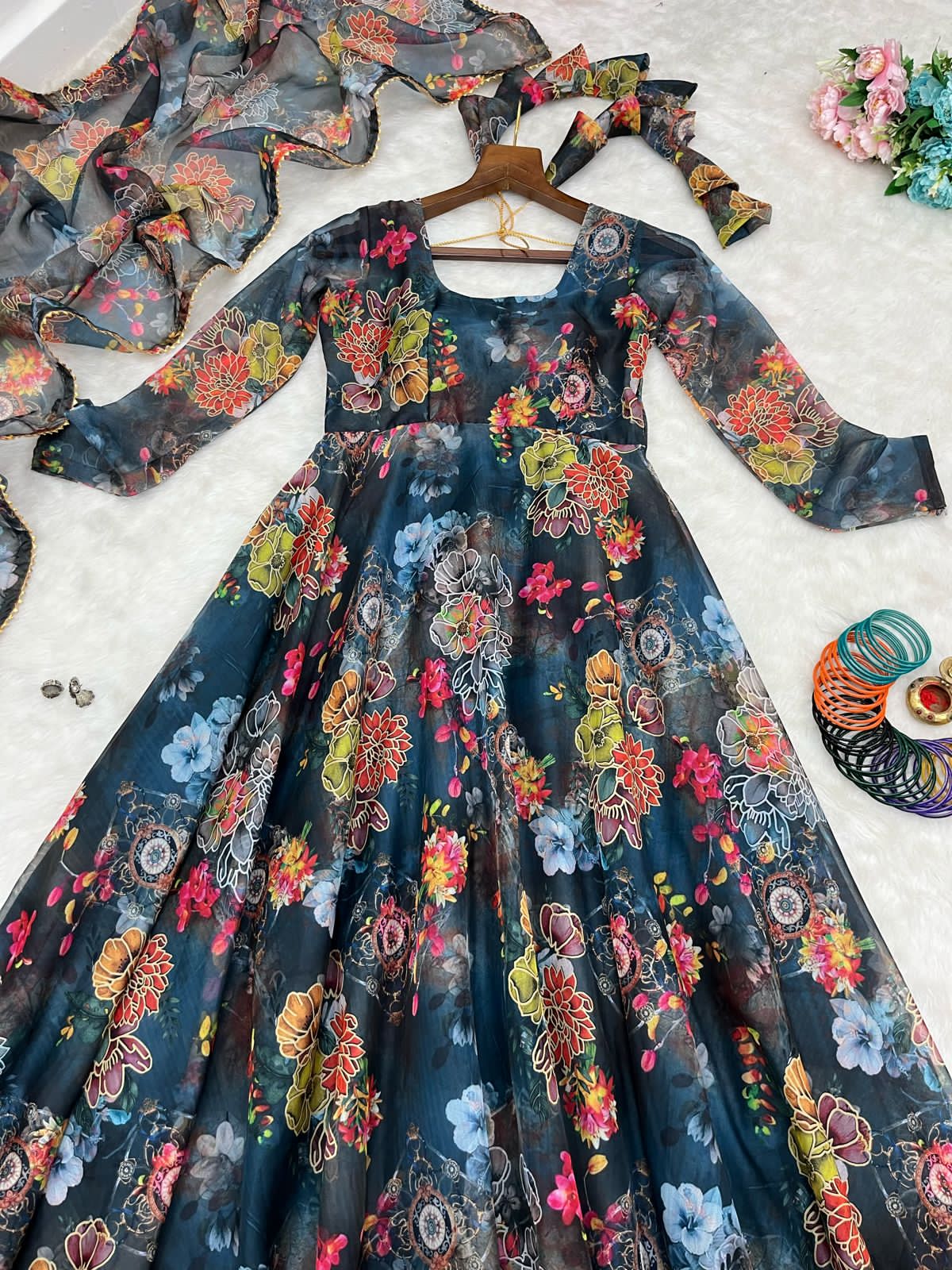 Beautiful Designer Party Wear Look Organza Taby Silk Gown