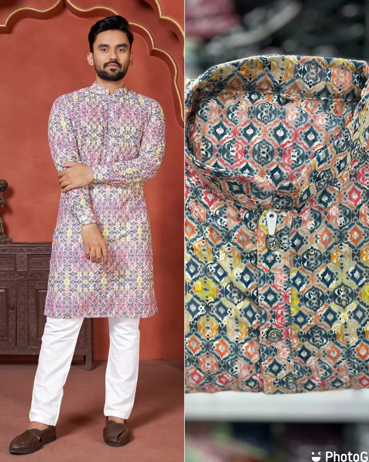 Heavy Designer Cotton Schiffli Chicken works with Sequence Digital Print Kurta Pyjama