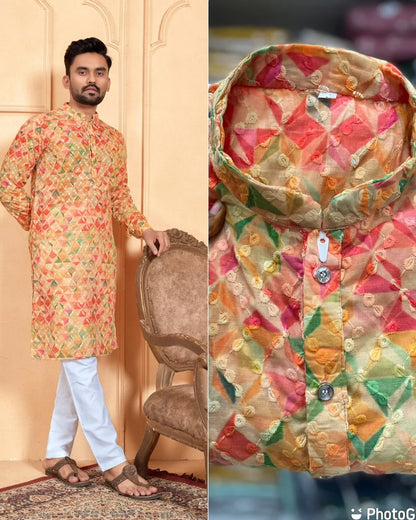 Heavy Designer Cotton Schiffli Chicken works with Sequence Digital Print Kurta Pyjama
