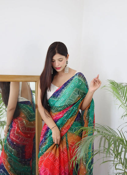 Beautiful Designer Bandhej Soft Moss Chiffon Saree