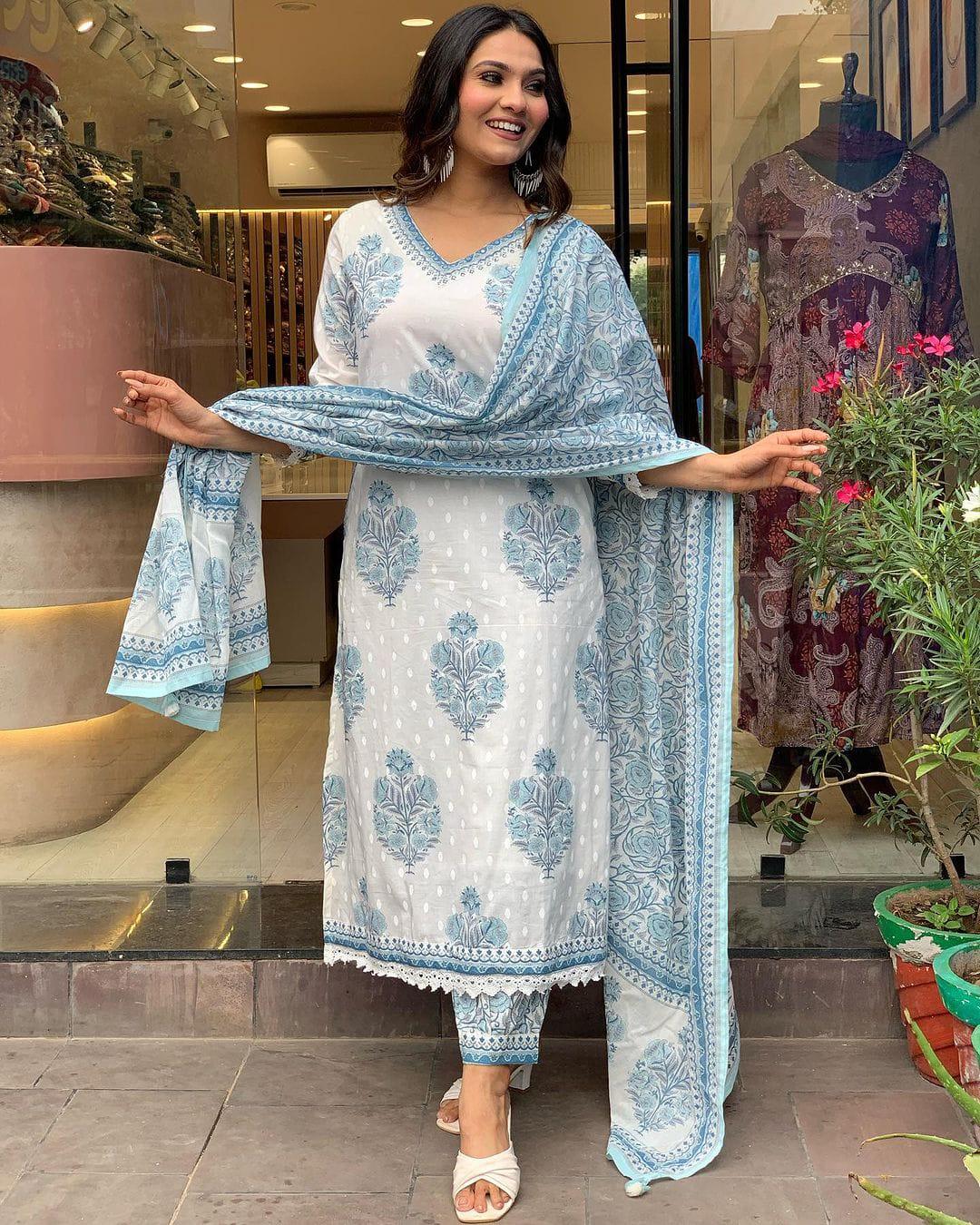 Beautiful Designer Blue and White Afghani Salwar Suit XL(42)