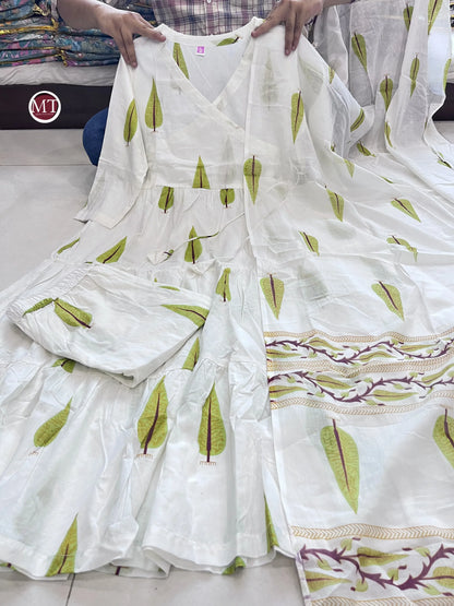 Beautiful Designer Hand Block Angrakha Style Jungle Green Printed Salwar Suit