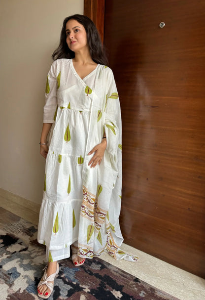 Beautiful Designer Hand Block Angrakha Style Jungle Green Printed Salwar Suit