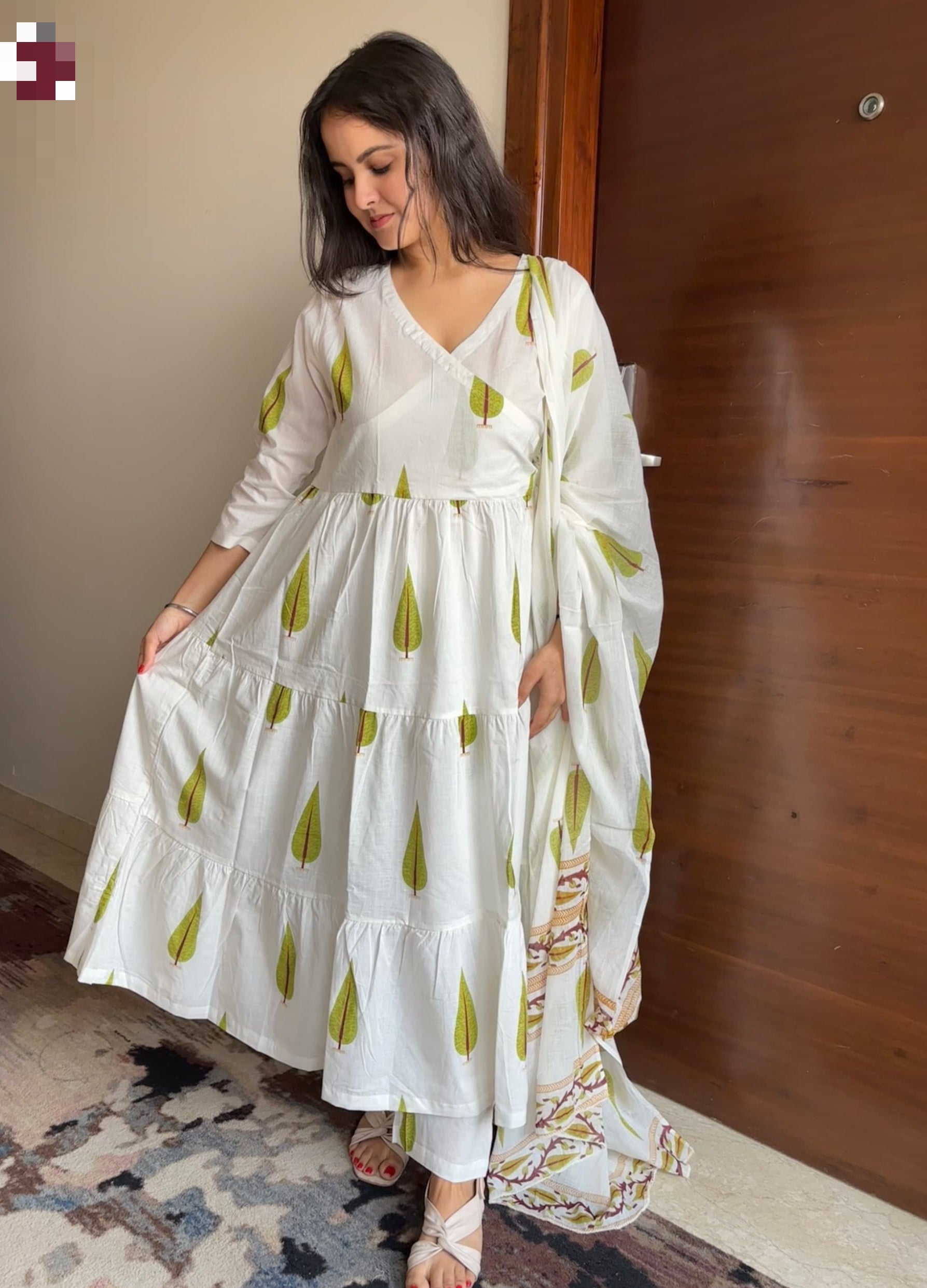 Beautiful Designer Hand Block Angrakha Style Jungle Green Printed Salwar Suit