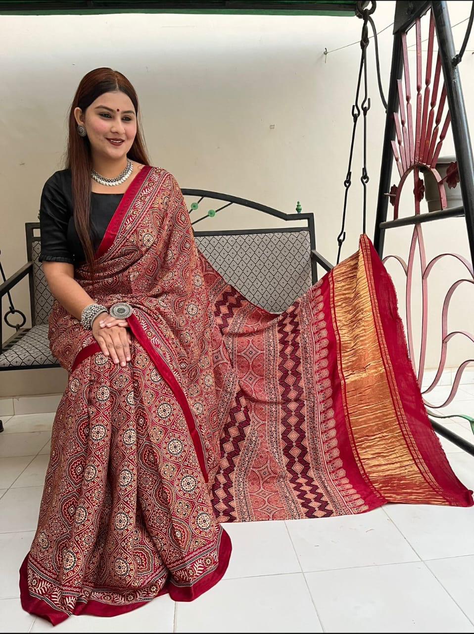 Beautiful Designer Pure Gajji Ajrakh Bandhej Morpis Saree