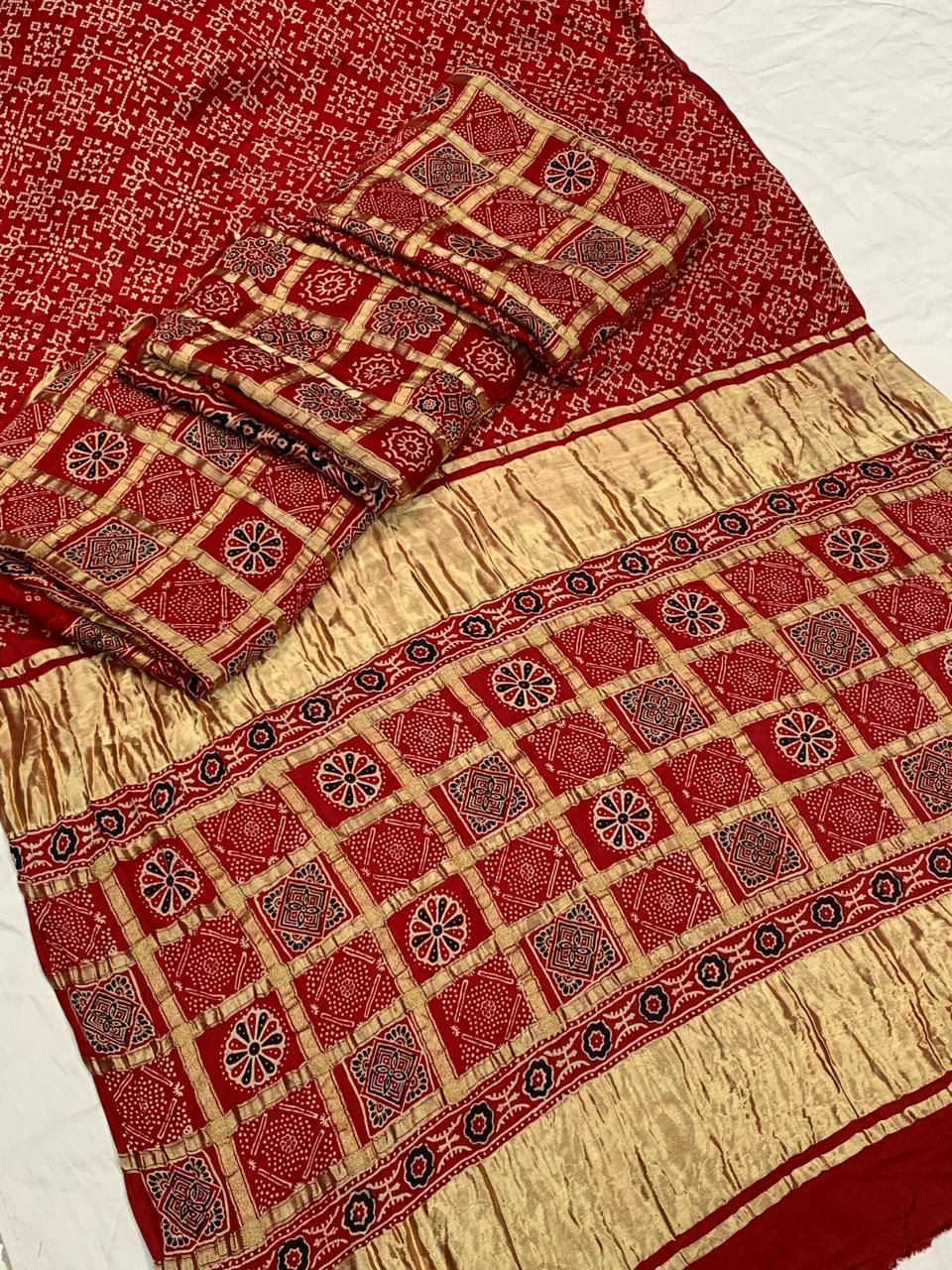 Beautiful Designer Pure Gajji Ajrakh Bandhej Morpis Saree