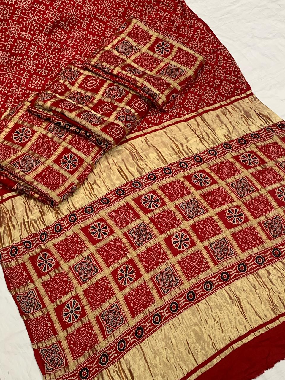 Beautiful Designer Pure Gajji Ajrakh Bandhej Morpis Saree