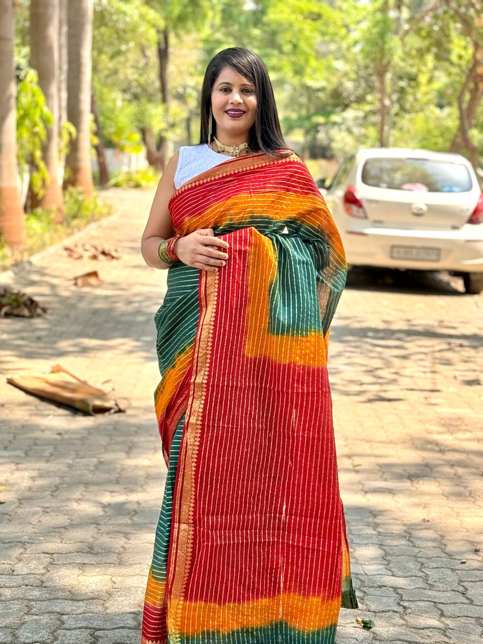 Beautiful Designer Summer Special Satrangi Cotton Block Print Bandhej Saree