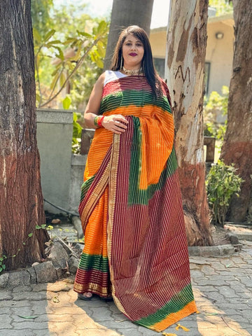Beautiful Designer Summer Special Satrangi Cotton Block Print Bandhej Saree