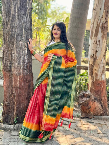 Beautiful Designer Summer Special Satrangi Cotton Block Print Bandhej Saree