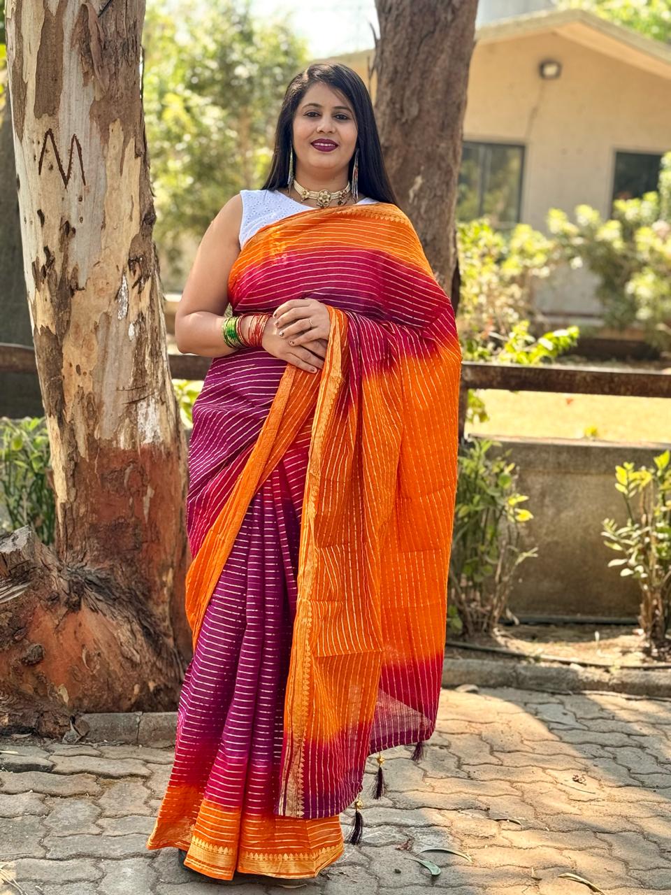 Beautiful Designer Summer Special Satrangi Cotton Block Print Bandhej Saree