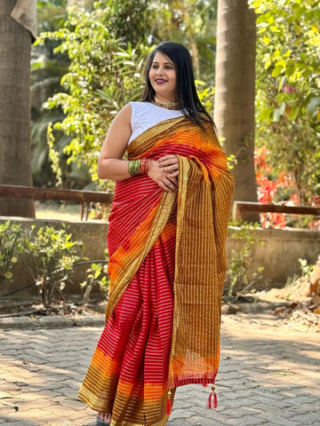 Beautiful Designer Summer Special Satrangi Cotton Block Print Bandhej Saree
